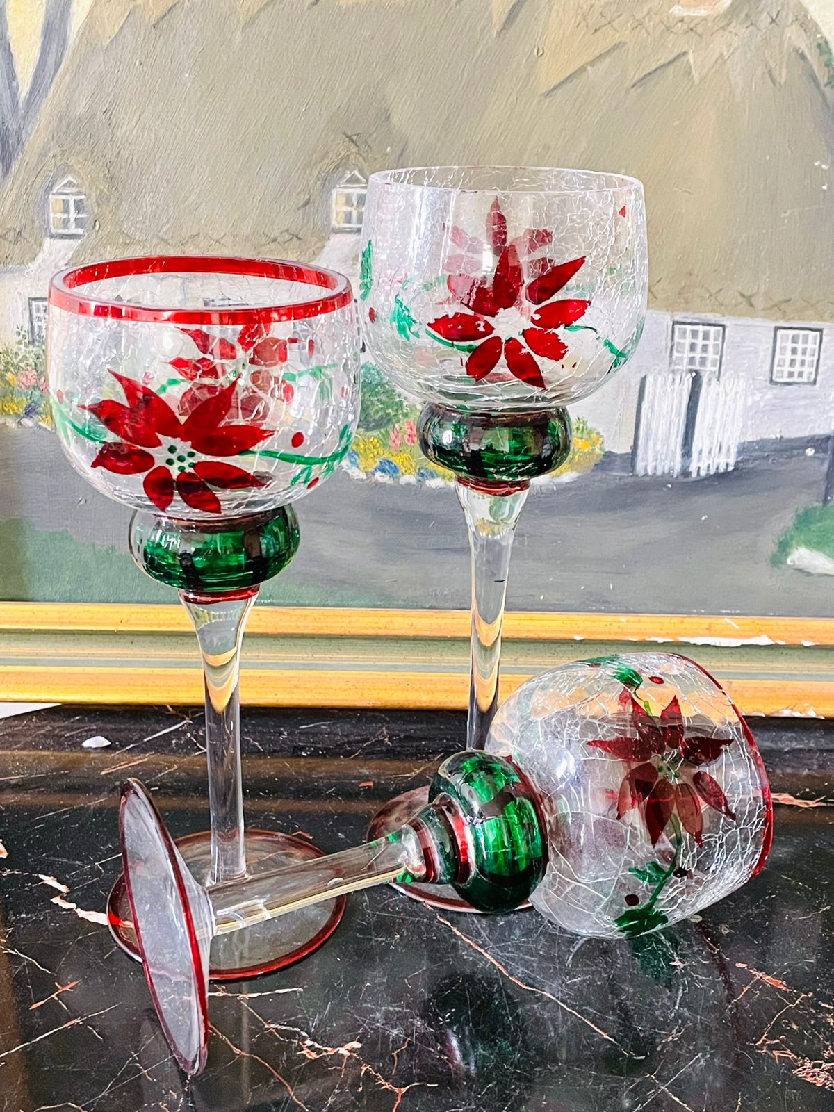 Set of 3 Handcrafted Crackle Glass Candle Stands – Red Poinsettia Floral Design