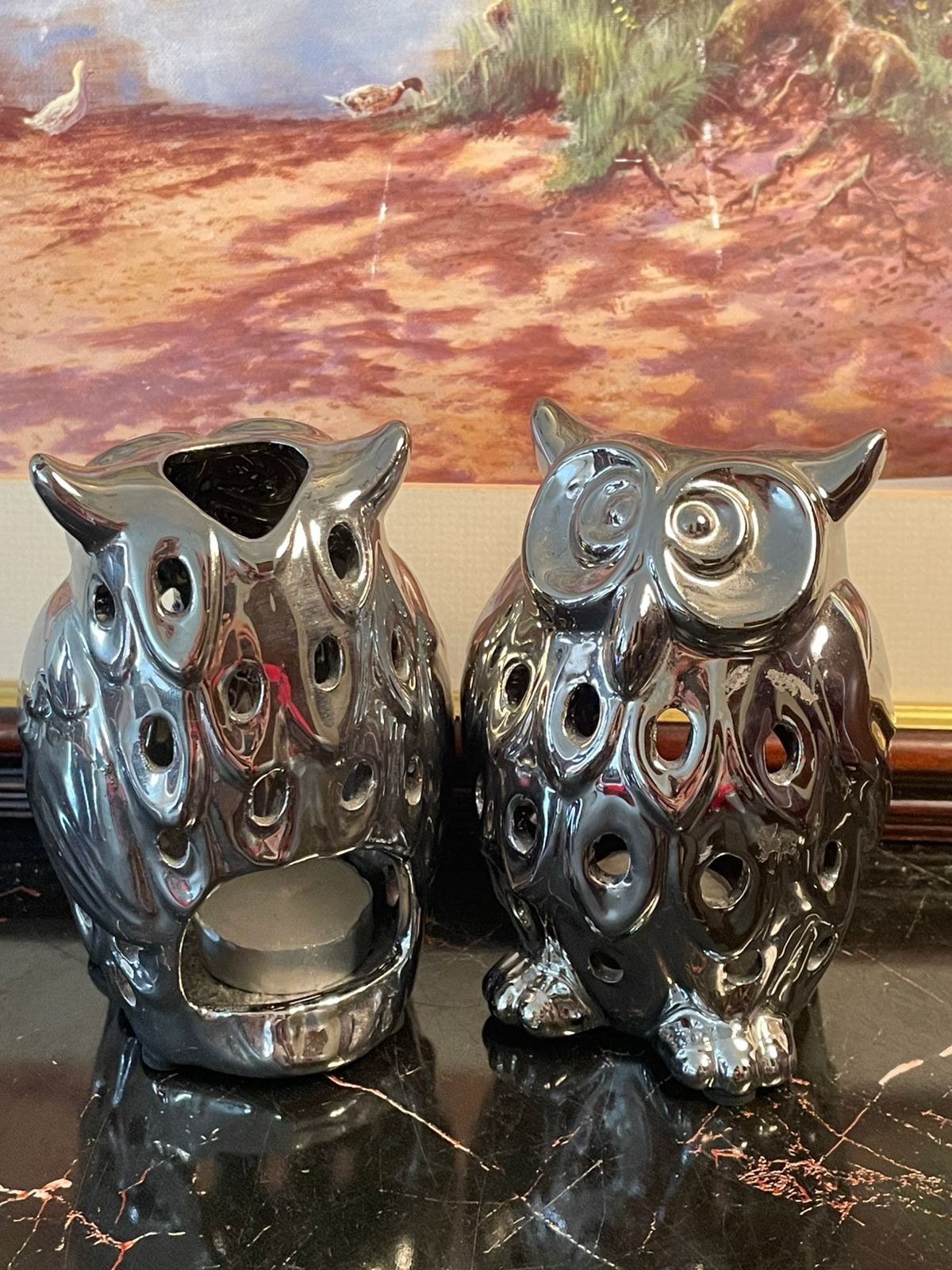 Set of 2 Silver Ceramic Owl Tealight Holders – England