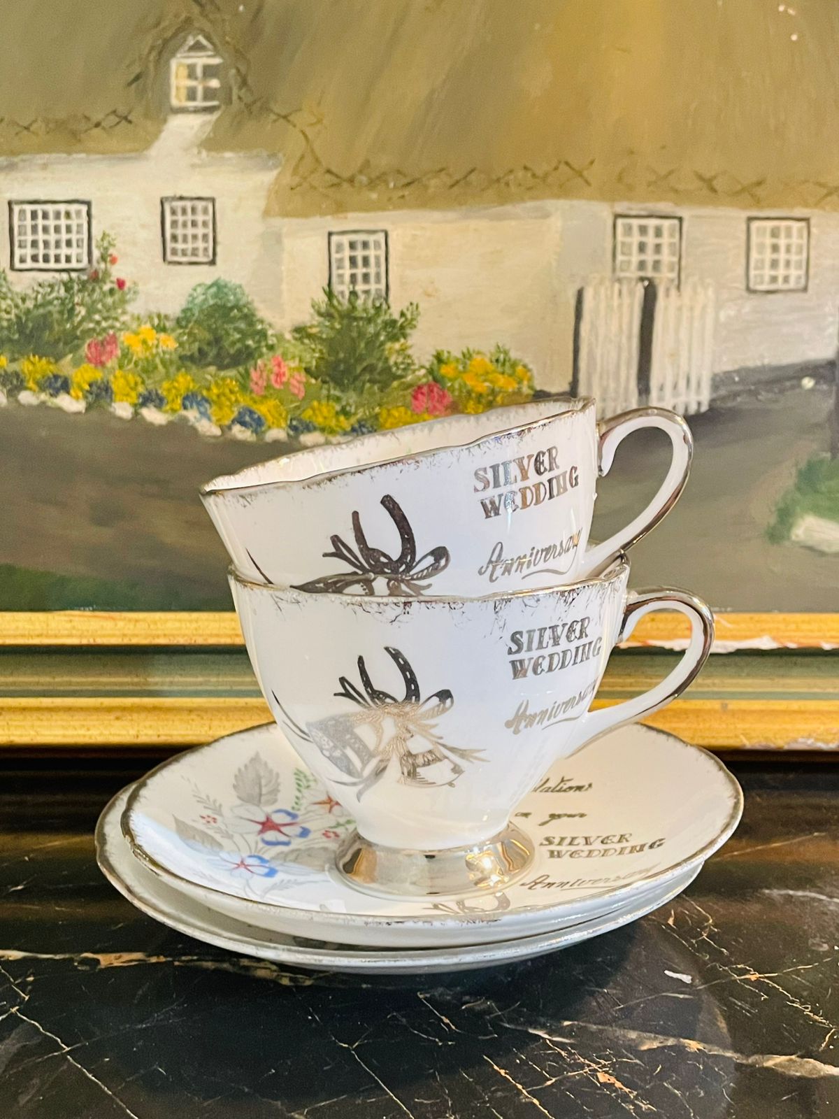 Silver Anniversary Pair of Bone China Cups & Saucers – Made in England
