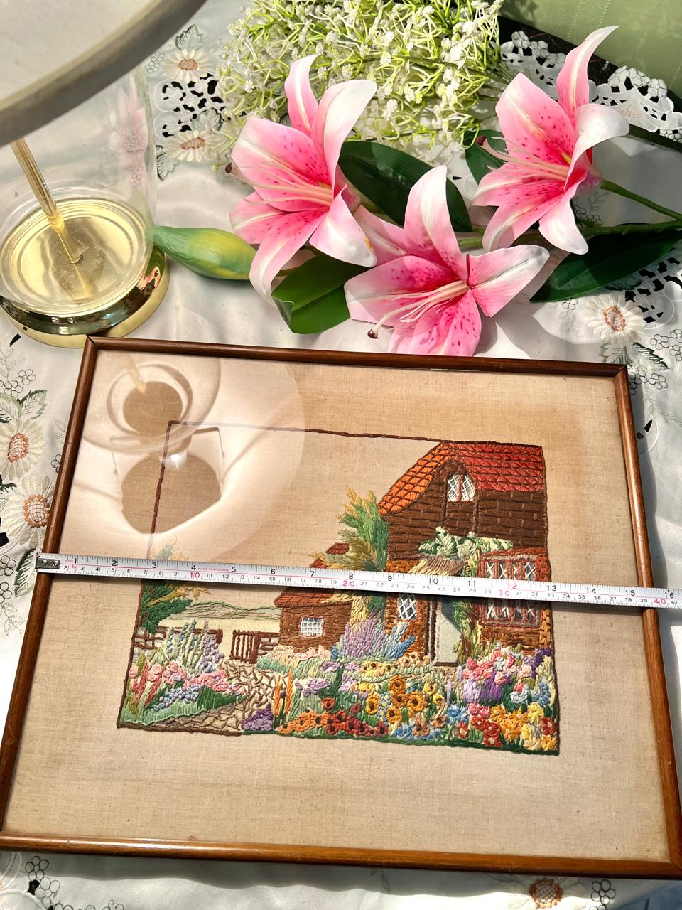 Large Needlework embroidered cottage garden frame 16 in