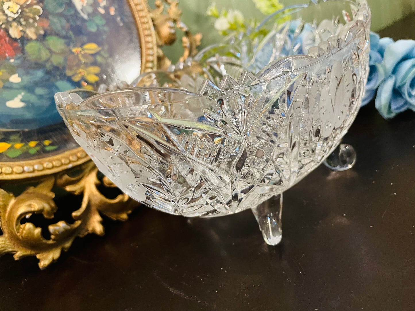 Vintage Crystal Cut Oval Footed Bowl