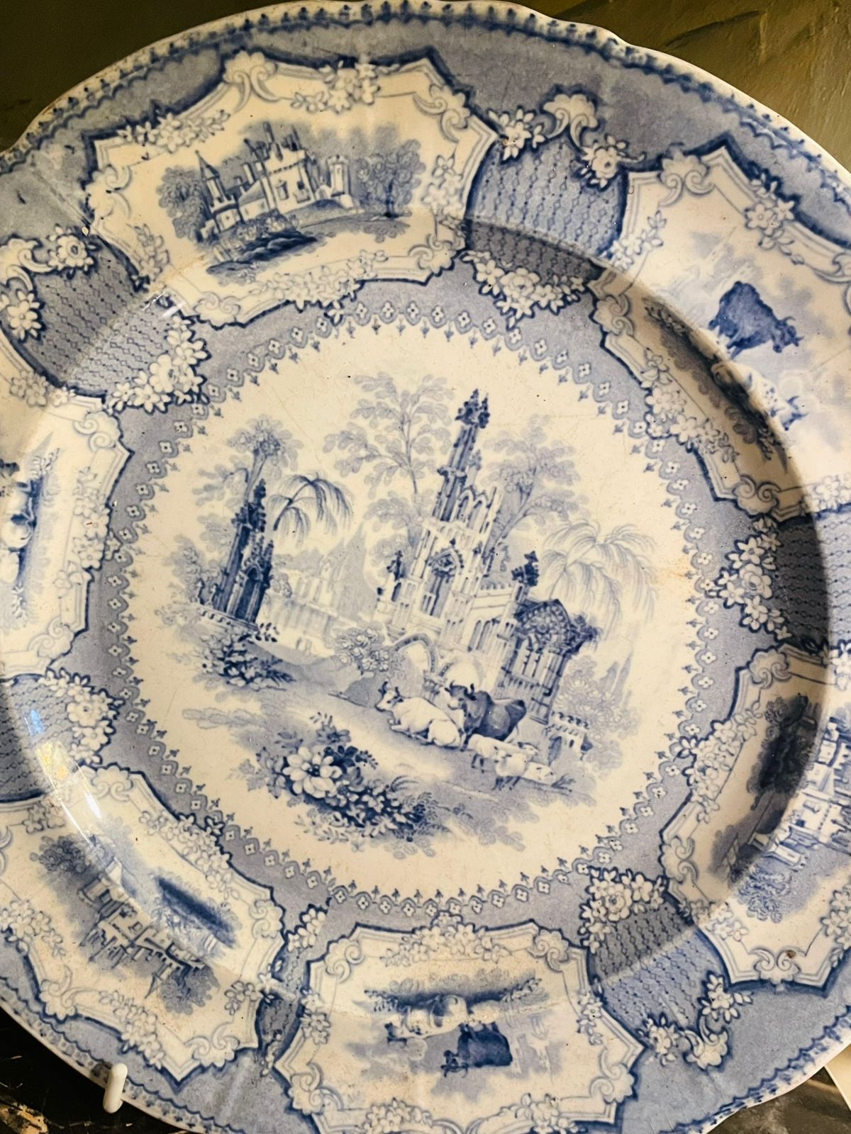 1840s English Blue and White Transfer Earthenware Arcadia Decor Plate 11 inches