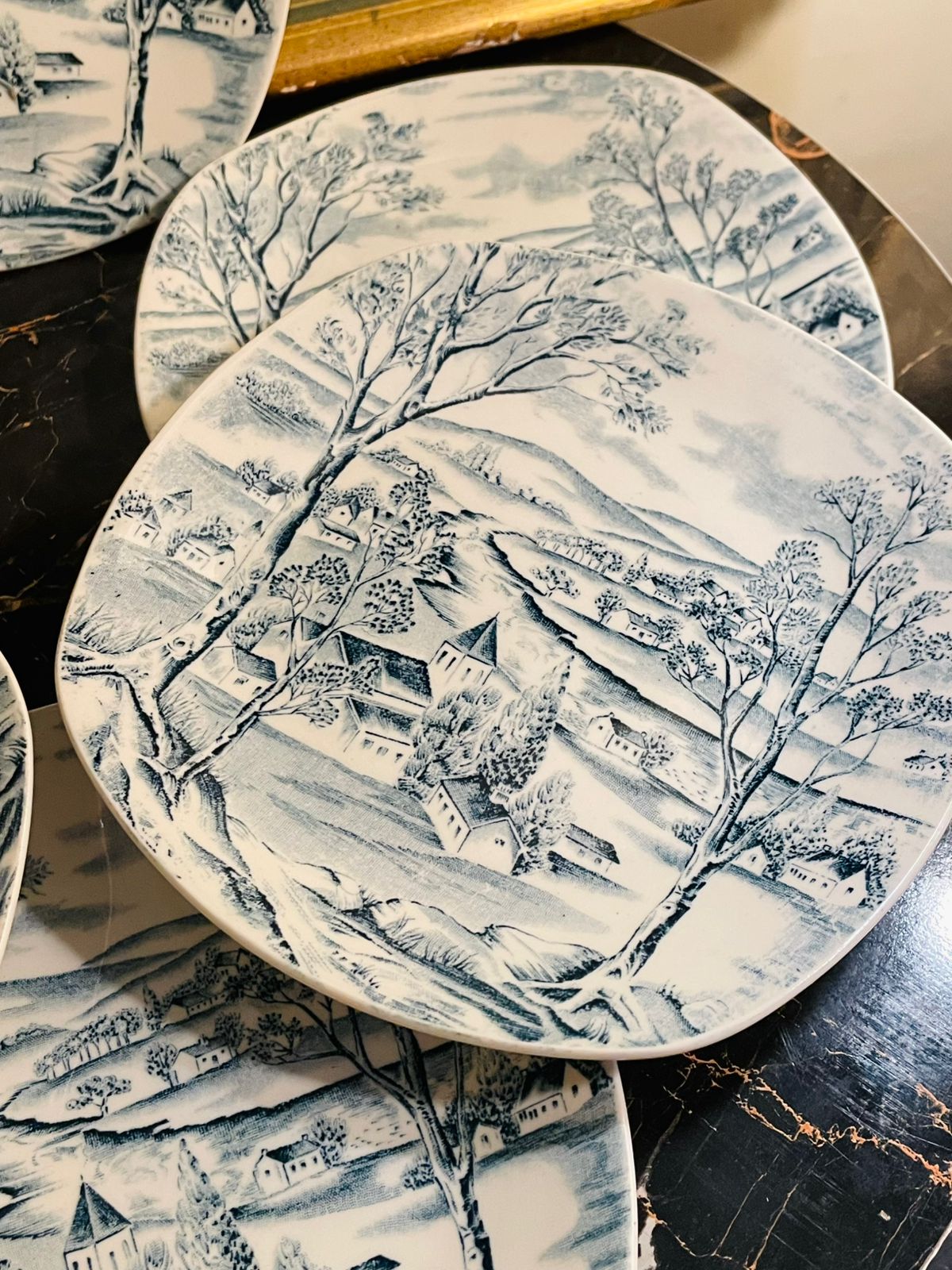 Set of 6 Scarce Vintage Midwinter Fashion Style 'Happy Valley' Blue & White Ironstone Quarter Plates