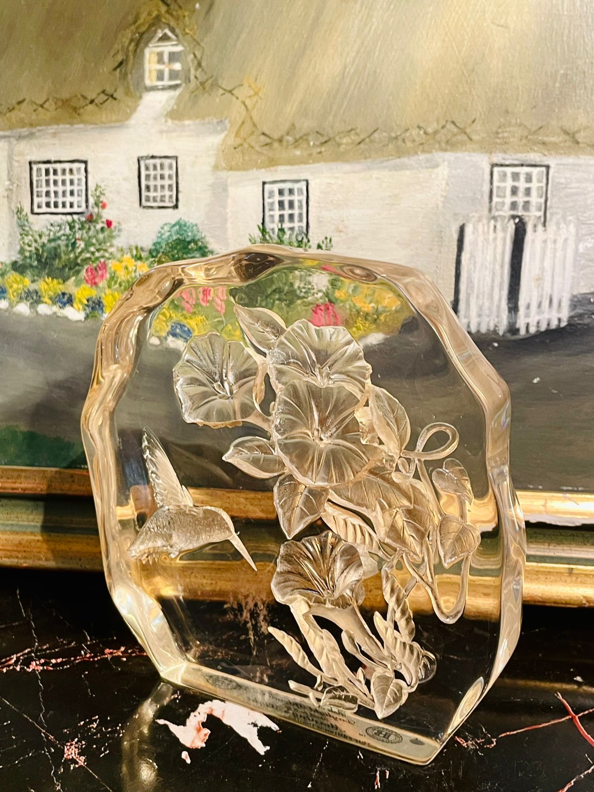 Vintage Lucite Acrylic Block – Hand Carved Morning Glory Flowers & Hummingbird Sculpture (USA)