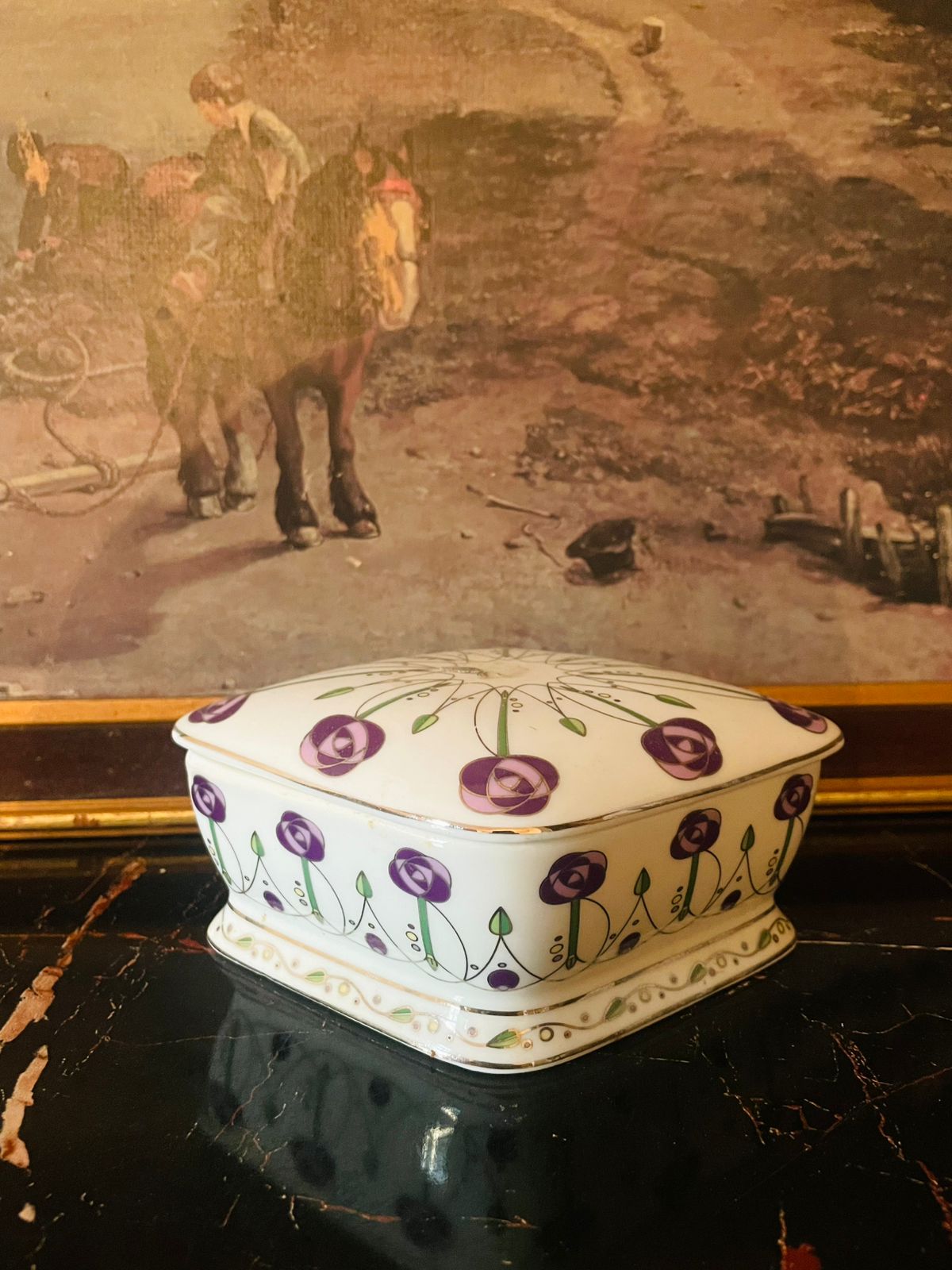 Vintage English Porcelain Trinket Box – Art Nouveau Violet Floral Design