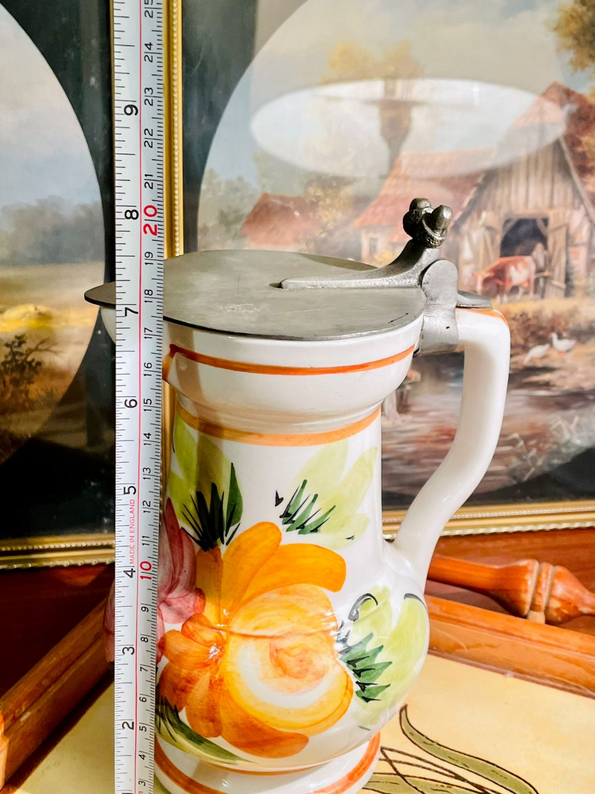 Vintage Hand-Painted Ceramic Jug with Pewter Lid – Floral Design