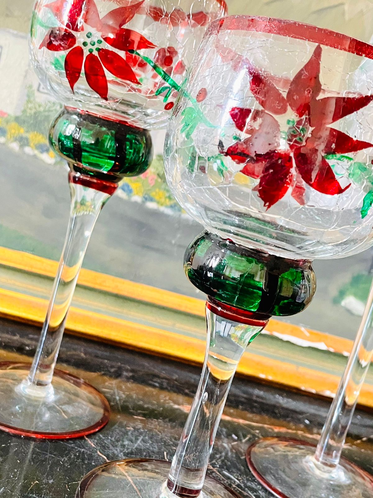 Set of 3 Handcrafted Crackle Glass Candle Stands – Red Poinsettia Floral Design