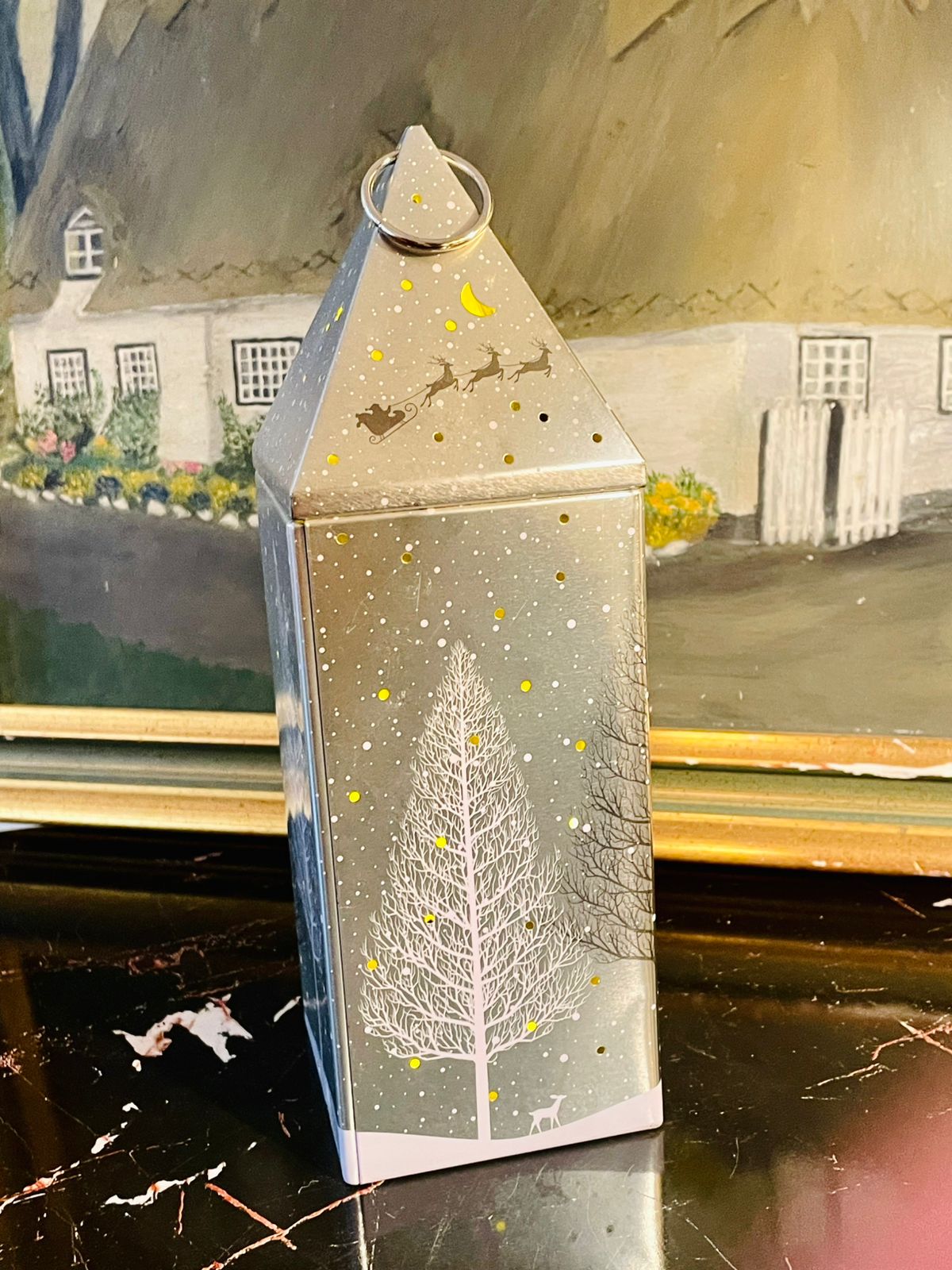 Christmas Decorative silver Lantern Tin Box – Santa Sleigh & Winter Tree Design (22cm)