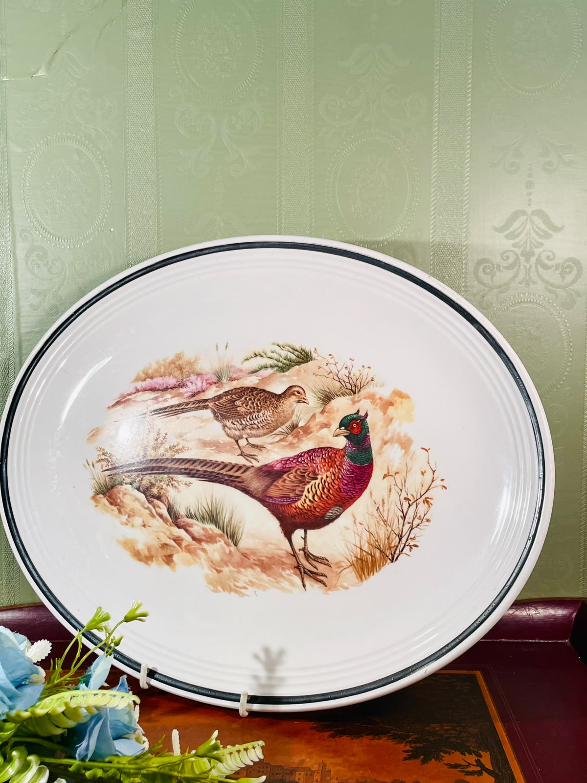 Pheasant Scene Ceramic Serving Platter or Decorative Platter Large 15 Inch