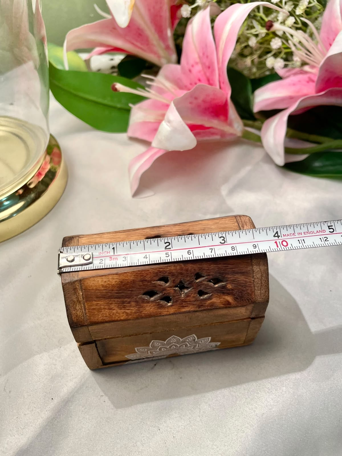 Carved Wooden Decorative Box with Mandala Detail 10 cm