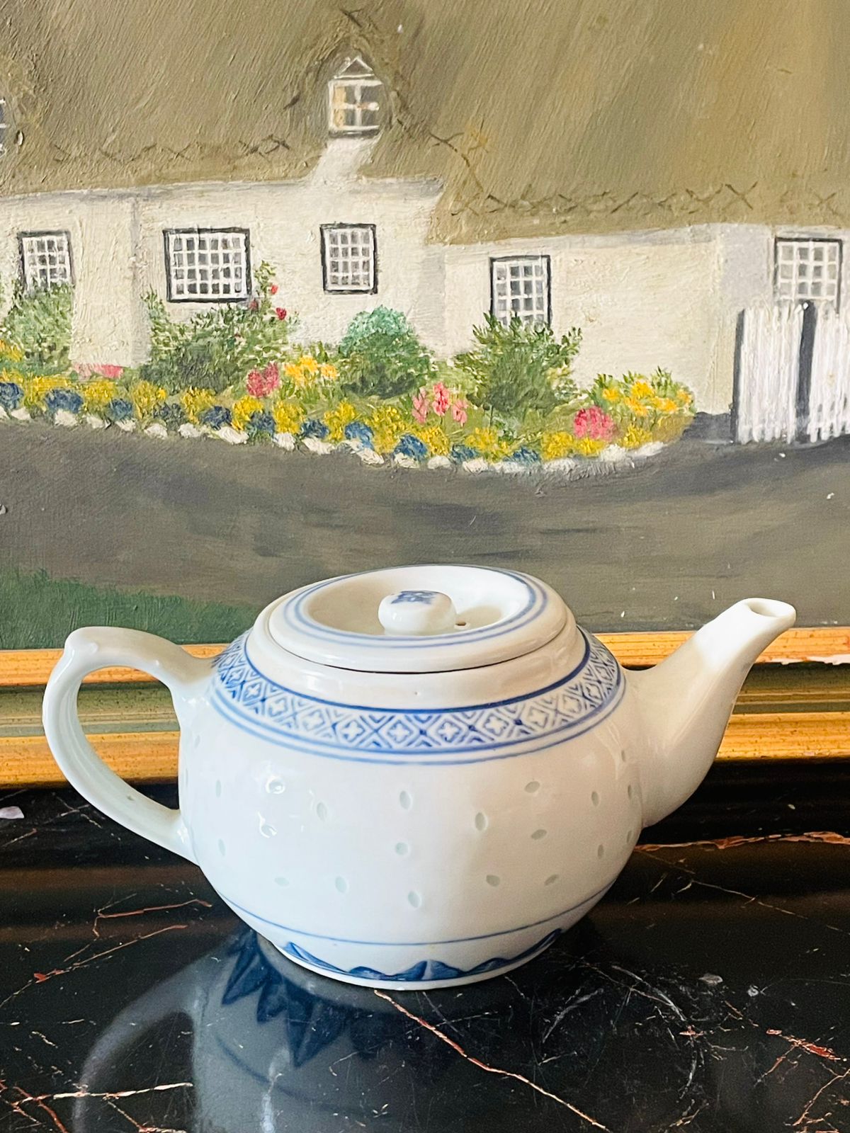 vintage blue and white teapot, rice grain porcelain china, chinese porcelain teaware, oriental blue pottery, 1980s chinese ceramics, vintage tea pot decor, asian art teapot, sunset kitchen vintage collection, rare thrift find pakistan