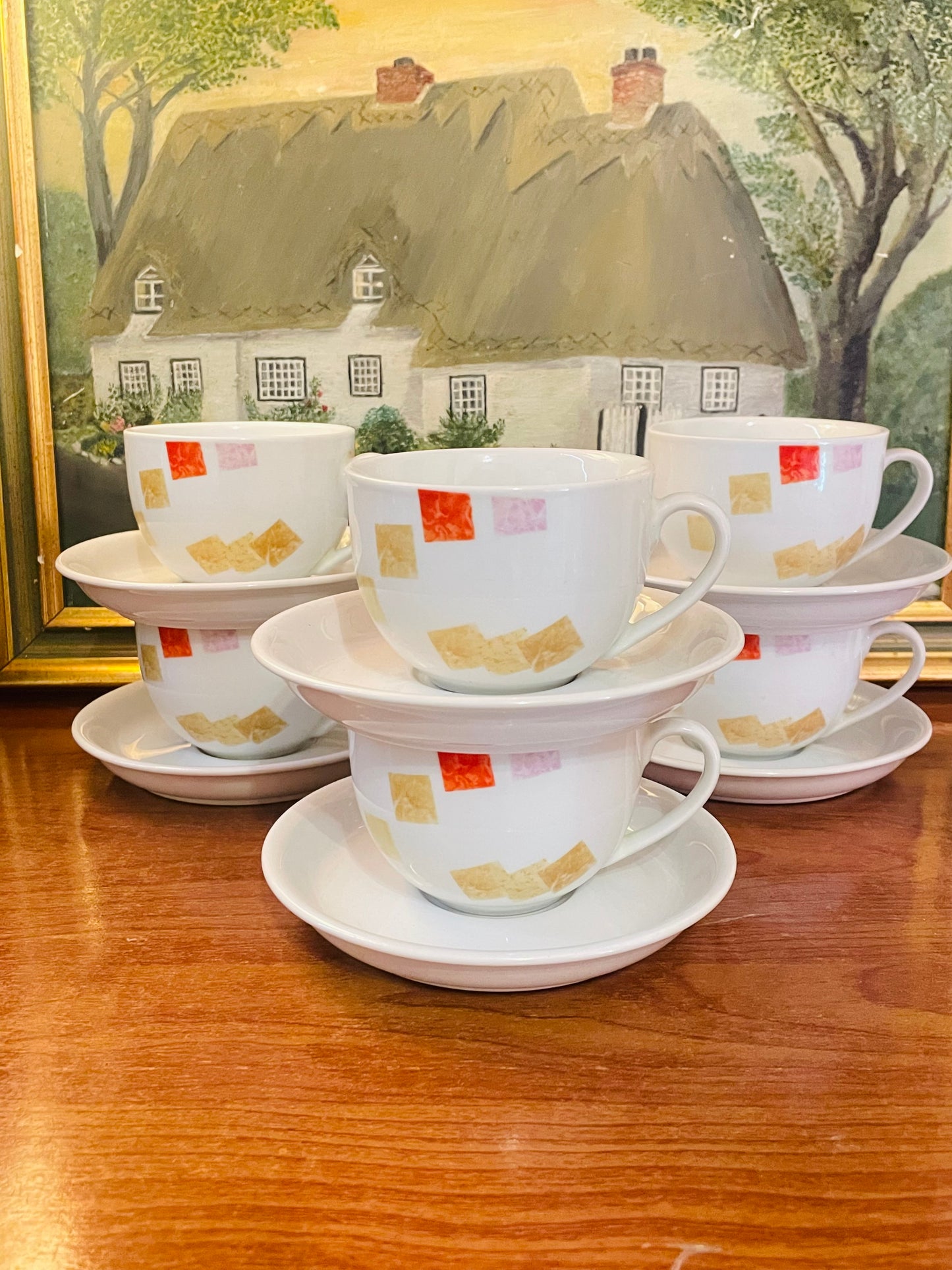 Rare HTF Bridget Dobson Mosaic Confetti Cup & Saucer – set of 6 – Collectors’ Gem