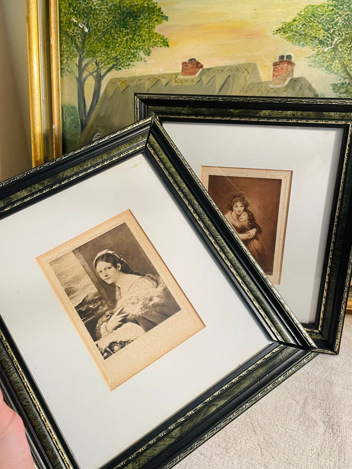 Set of 2 Vintage “Last Rose Of Summer Lady” Framed Prints & 1 Antique Self-Portrait Print by Elizabeth Louise Vigée