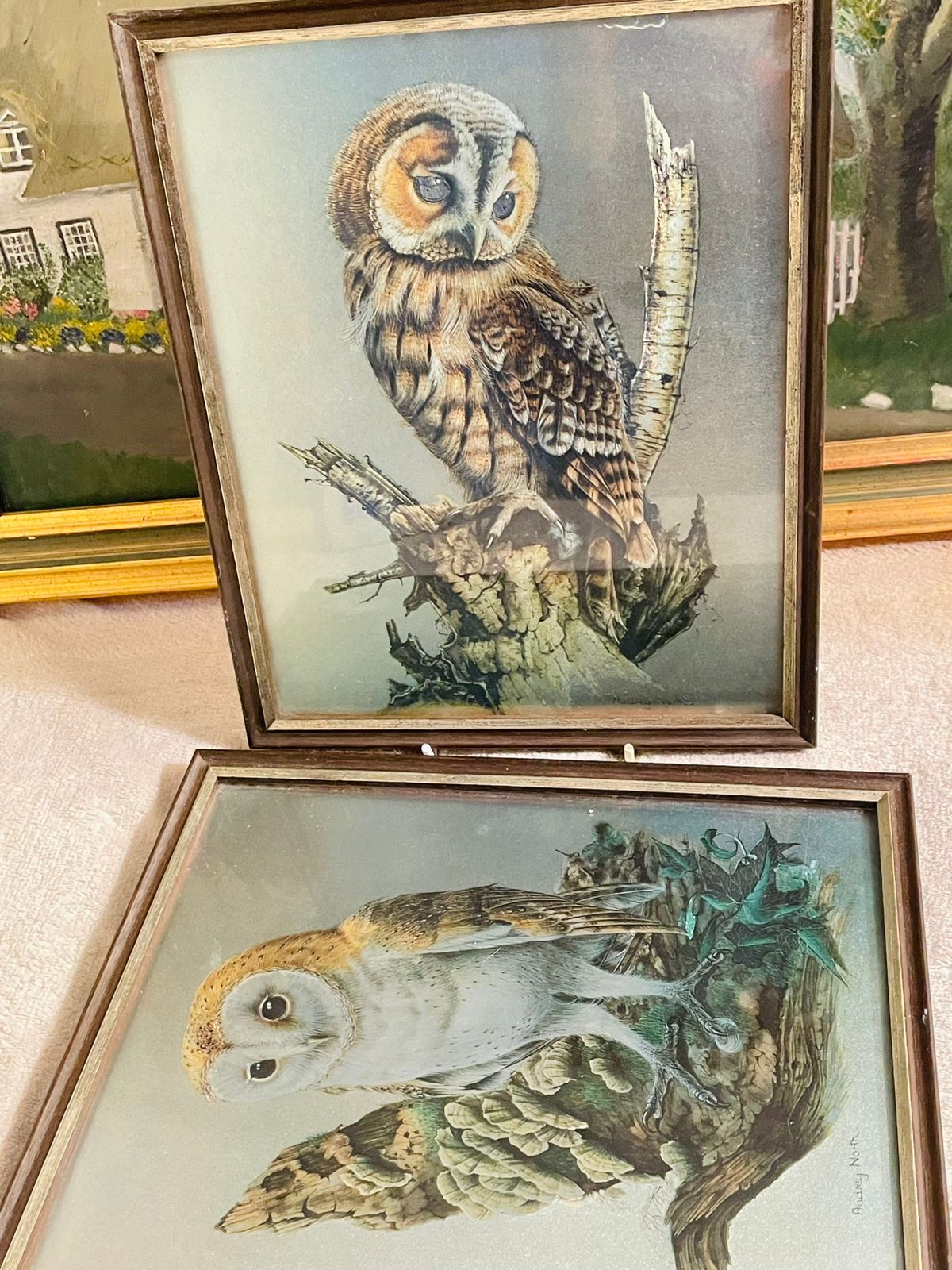 Set of 2 Vintage Audrey North OWL Foil Lithograph Prints β 3D Illustration Framed Art