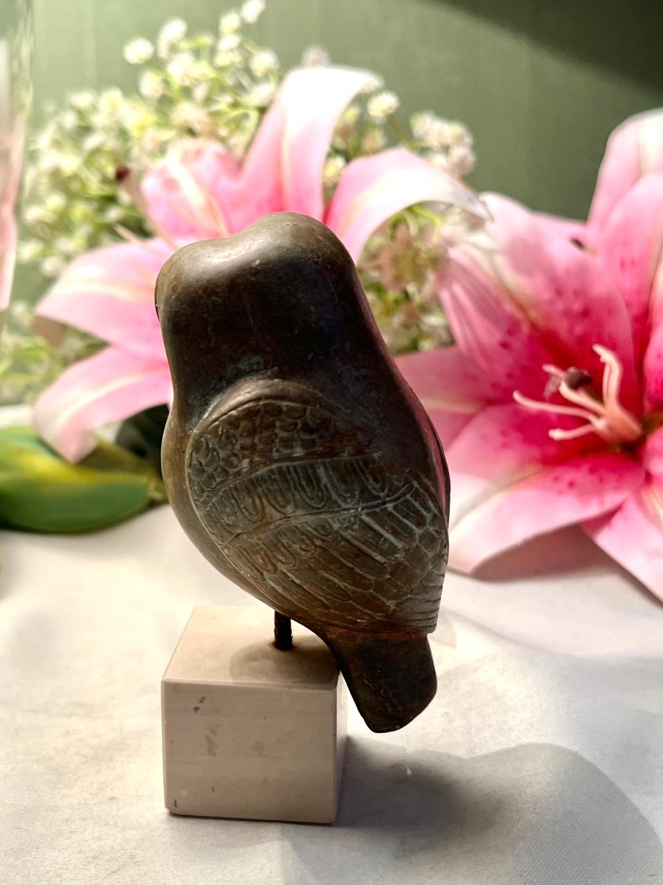 Vintage Bronze-Tone Owl Figurine on Stone Base Approx. 11 cm