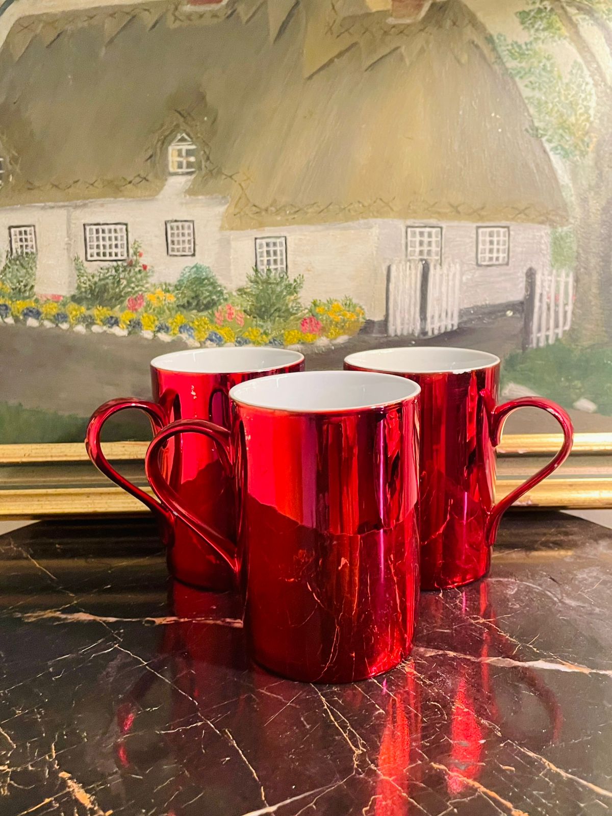 Set of 3 Red Tea mugs ,Coffee mug ,Oven Safe, porcelain, England