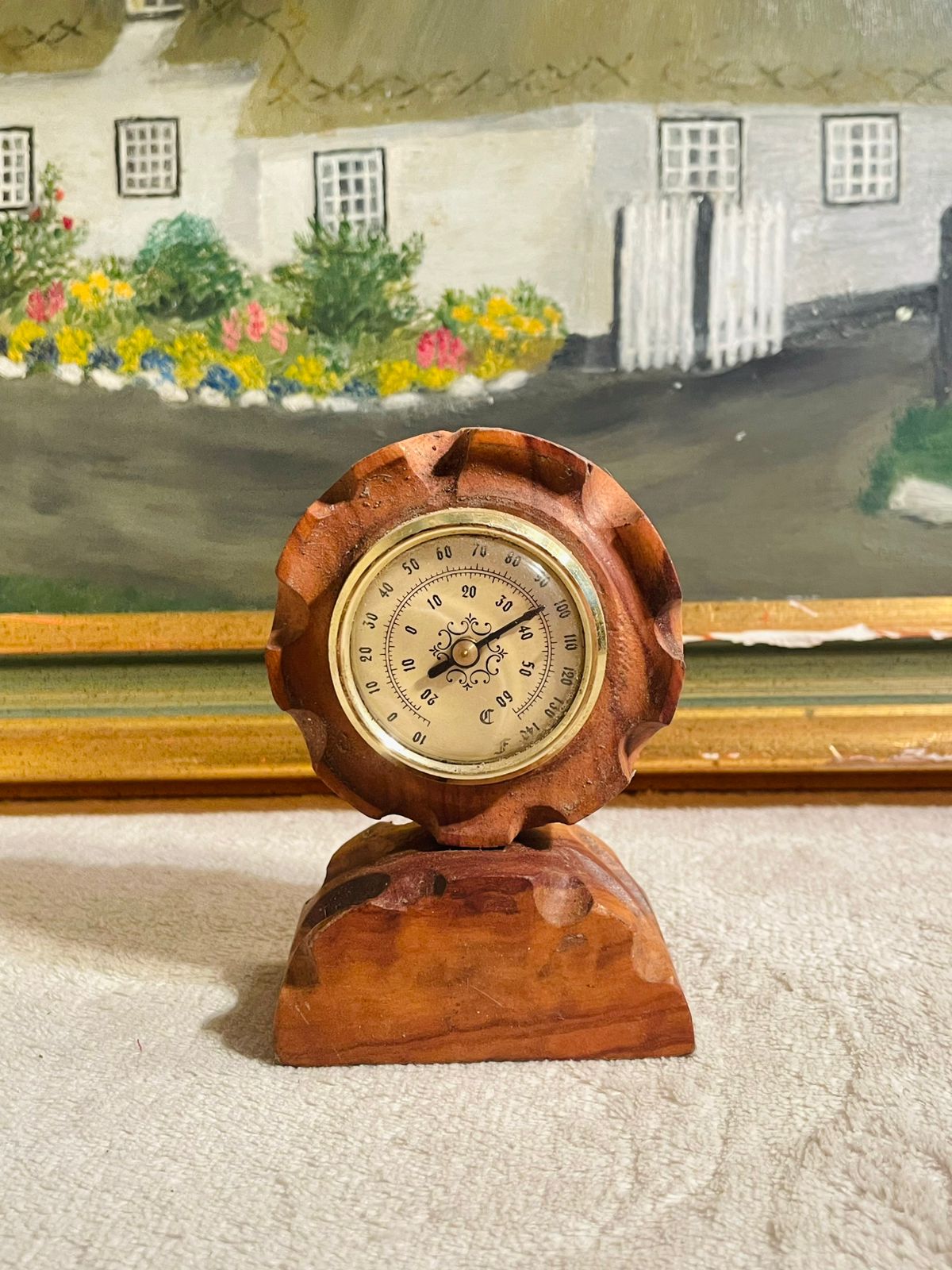 Vintage Desktop Thermometer – Hand Carved Wood from Menorca