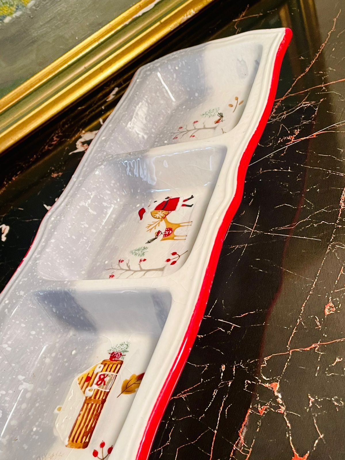 Christmas Porcelain Large 3-Section Snack Tray – Rectangular Holiday Serving Dish
