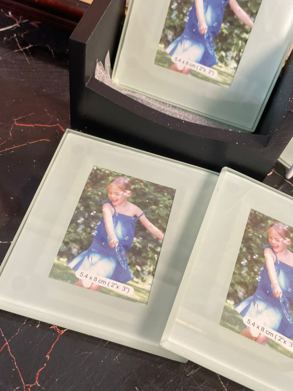 Wishlist Collection Home – Frosted Glass Photo Coasters with Wooden Holder (Set of 4, Insert Photos 2"x3")