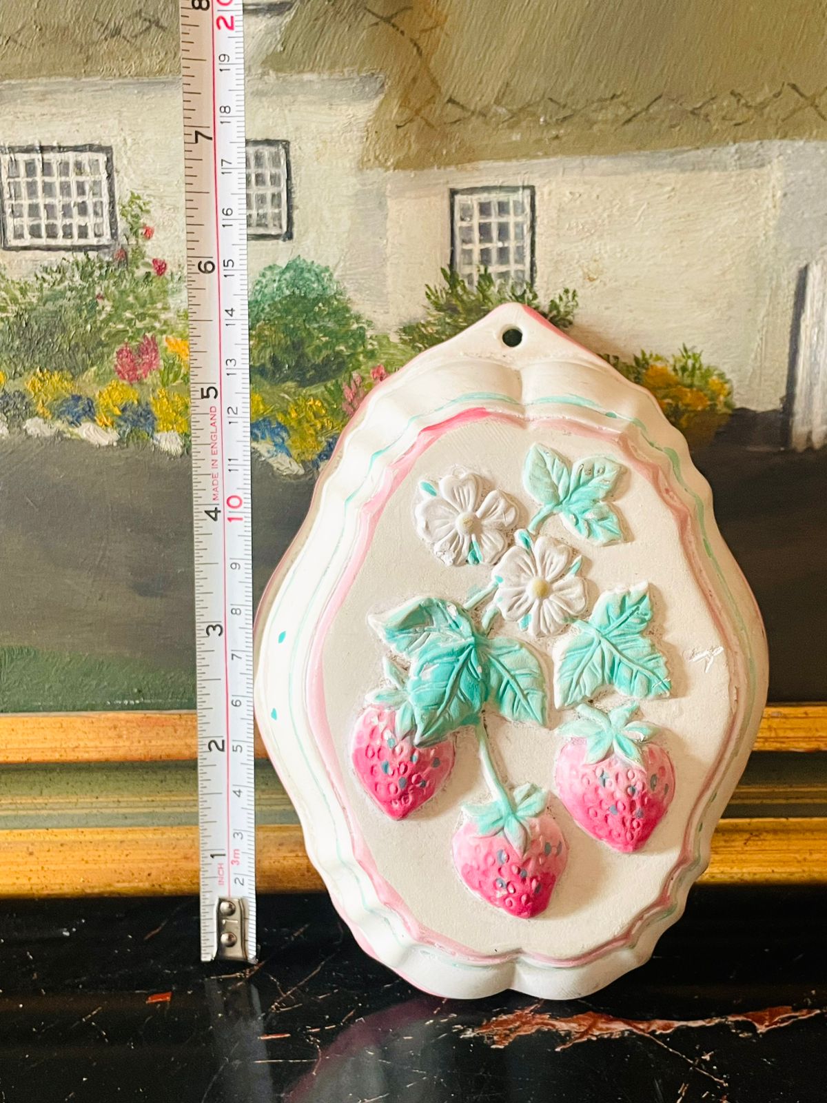 Vintage Handcrafted Strawberry Relief Wall Plaque – Pastel Cottage Charm (England)