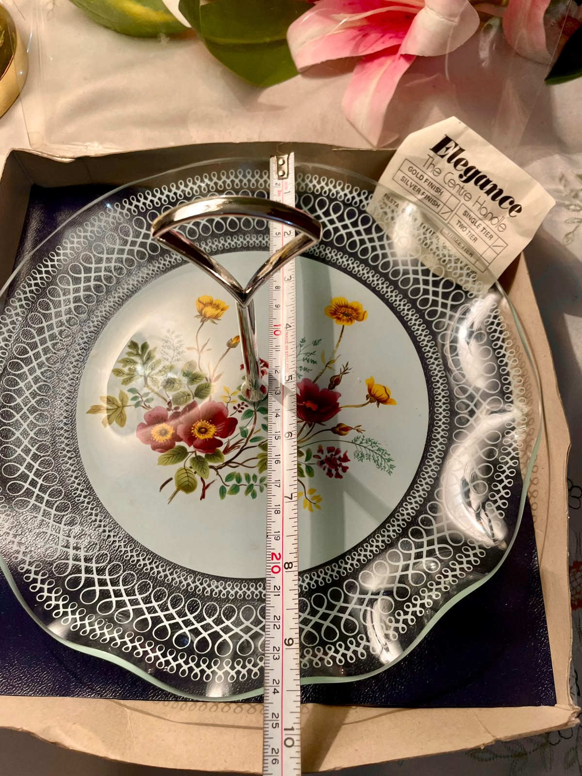 Vintage Floral Crystal Serving Tier Plater Silver-Tone Handle 24 cm