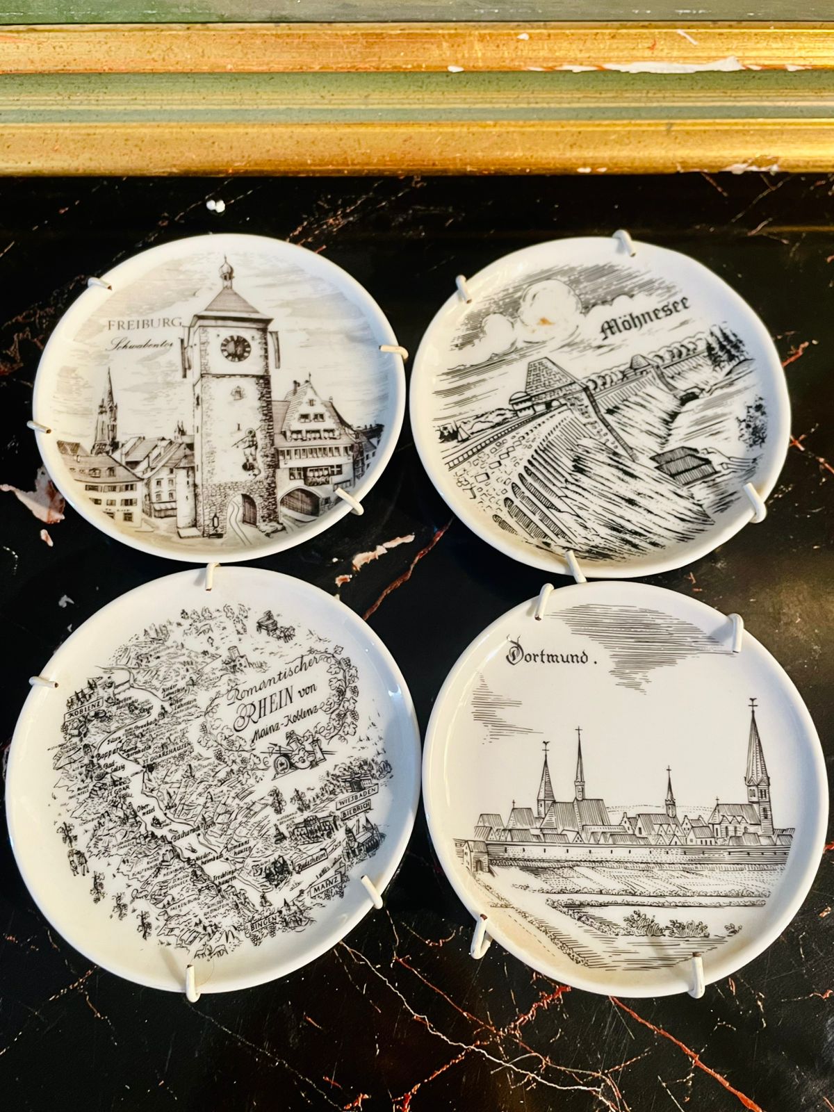 Vintage German Souvenir Porcelain Decor Plate – Mini wall decor plate - Black & White City & Castle Illustrations