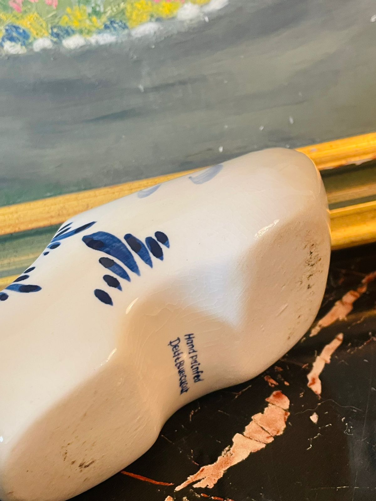 🩵 Hand-Painted Delft Blue Ceramic Clog – Holland Windmill Design