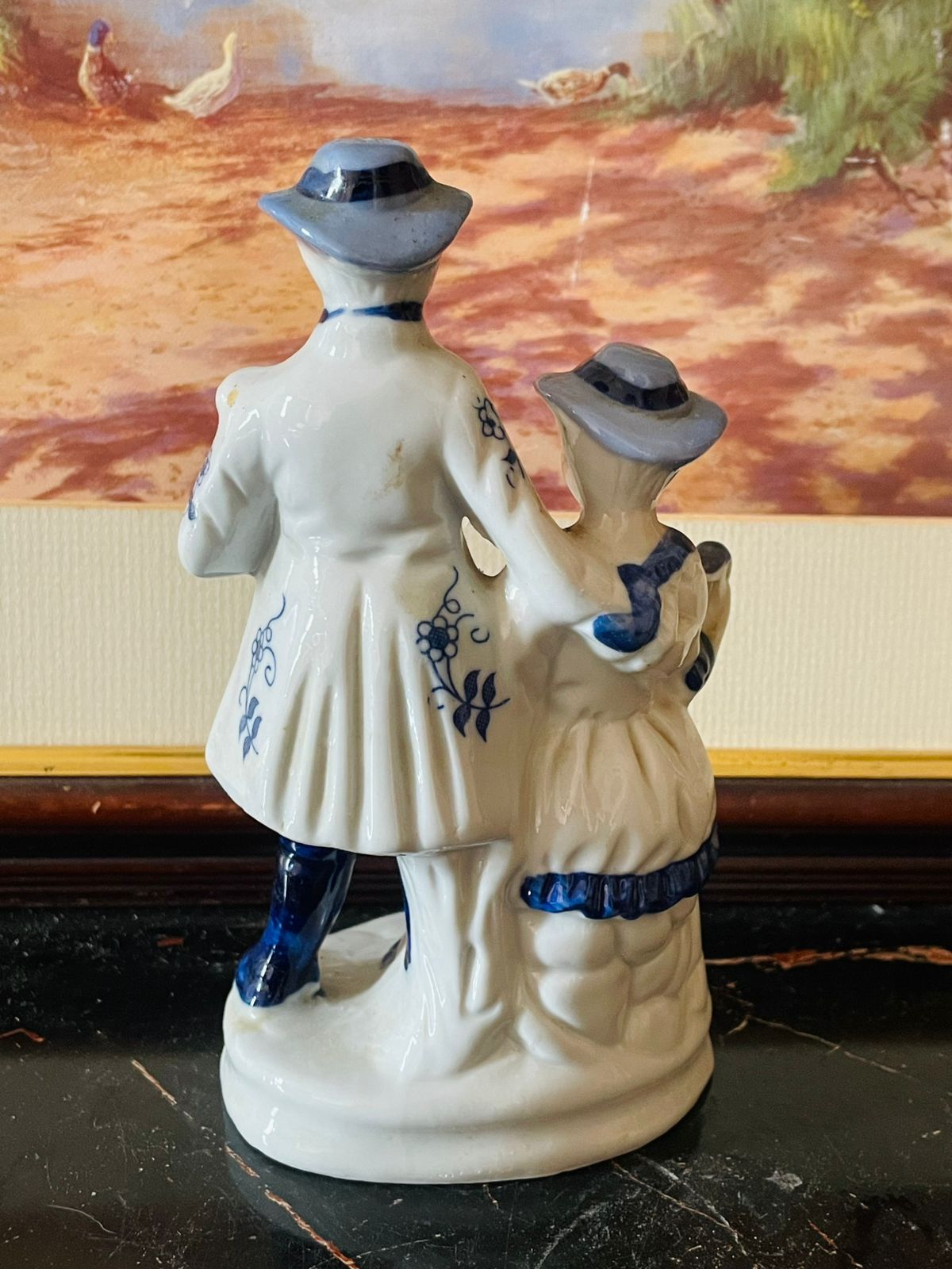 Victorian Porcelain Couple Figurine Holding Musical Instruments (England) Blue Pottery Home Decor