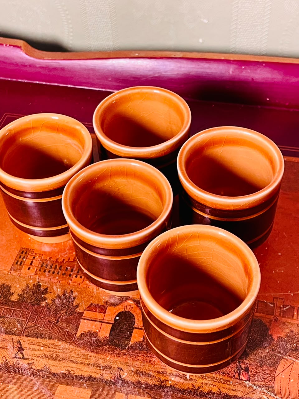 Set of 5 Brown & Mustard Ceramic egg holders– 3 Inch