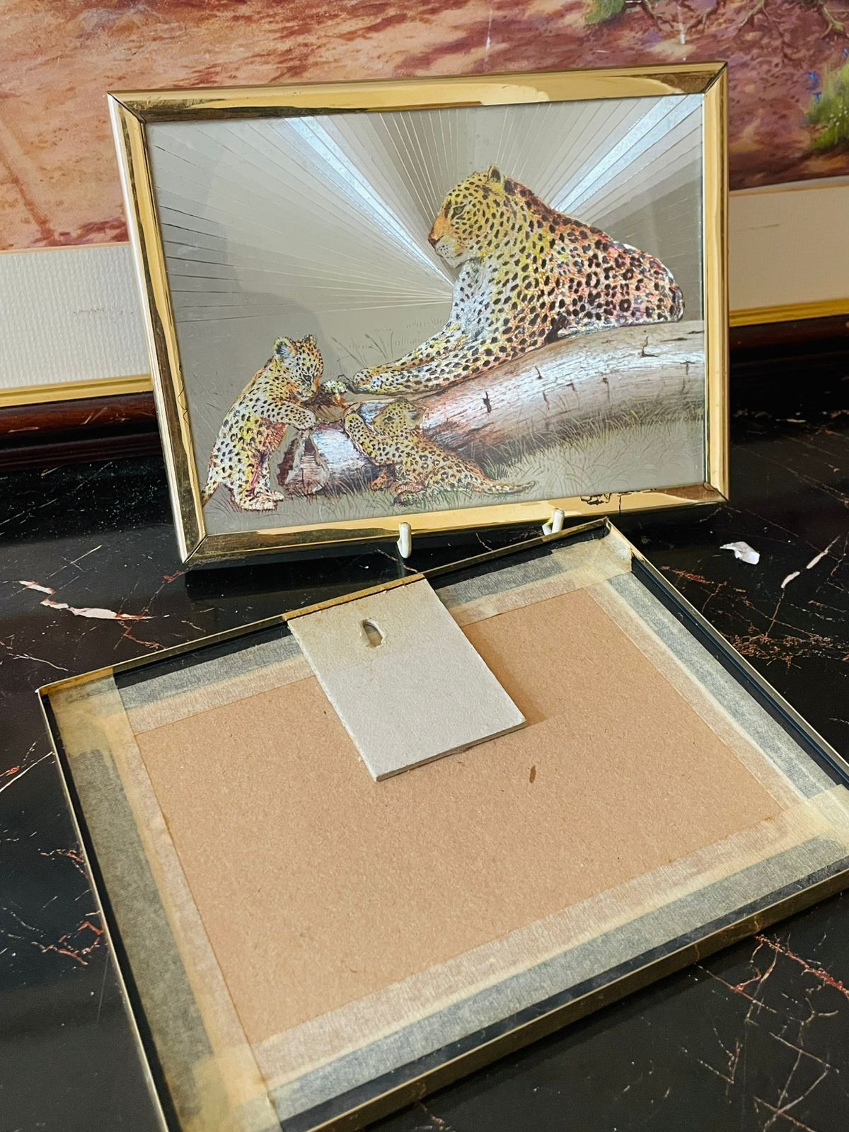 Set of 2 Vintage Leopard & Cubs Glass Frames – 3D Mirrored Wildlife Art Home Decor