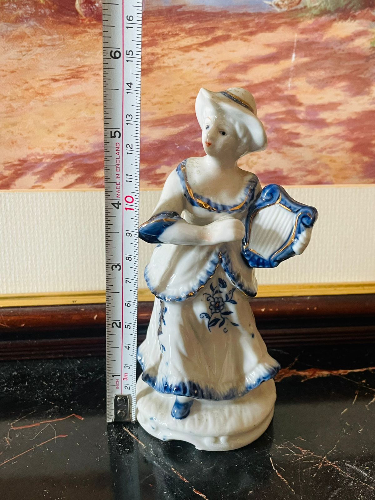 Vintage Porcelain Figurine in White and Blue – Playing Harp (England) Blue Pottery Home Decor