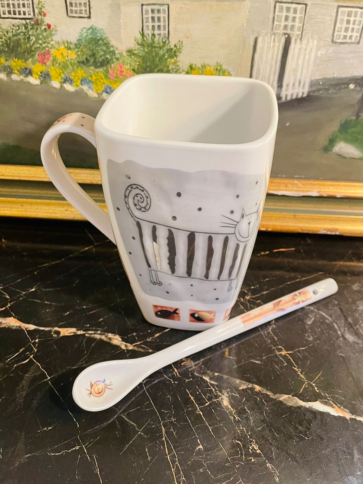 Long Cat Mug + Spoon, Tea mug, Coffee mug ,Oven Safe, Ceramic , England