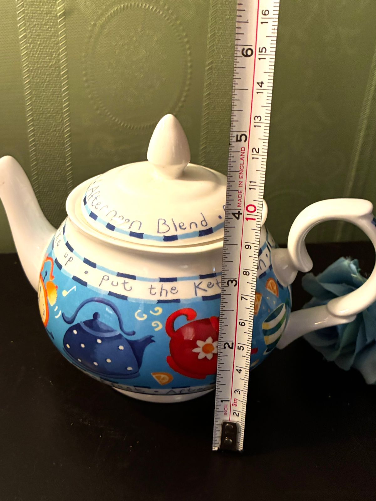 Vintage Tea Time Teapot Ceramic Blue Kitchen Tea Pot