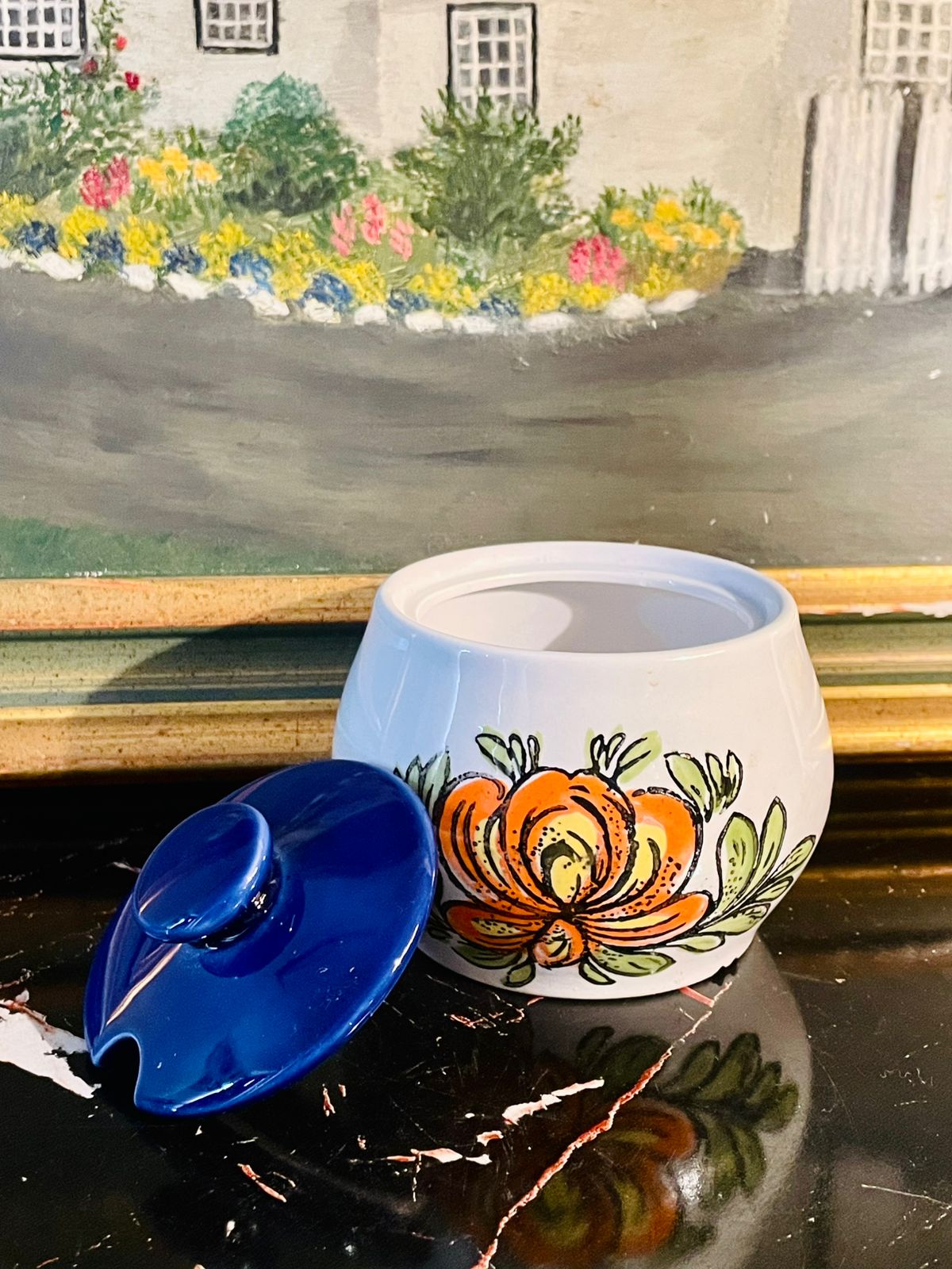 Hand-Painted Ceramic Sugar Jar with Lid – Floral Design, 10cm