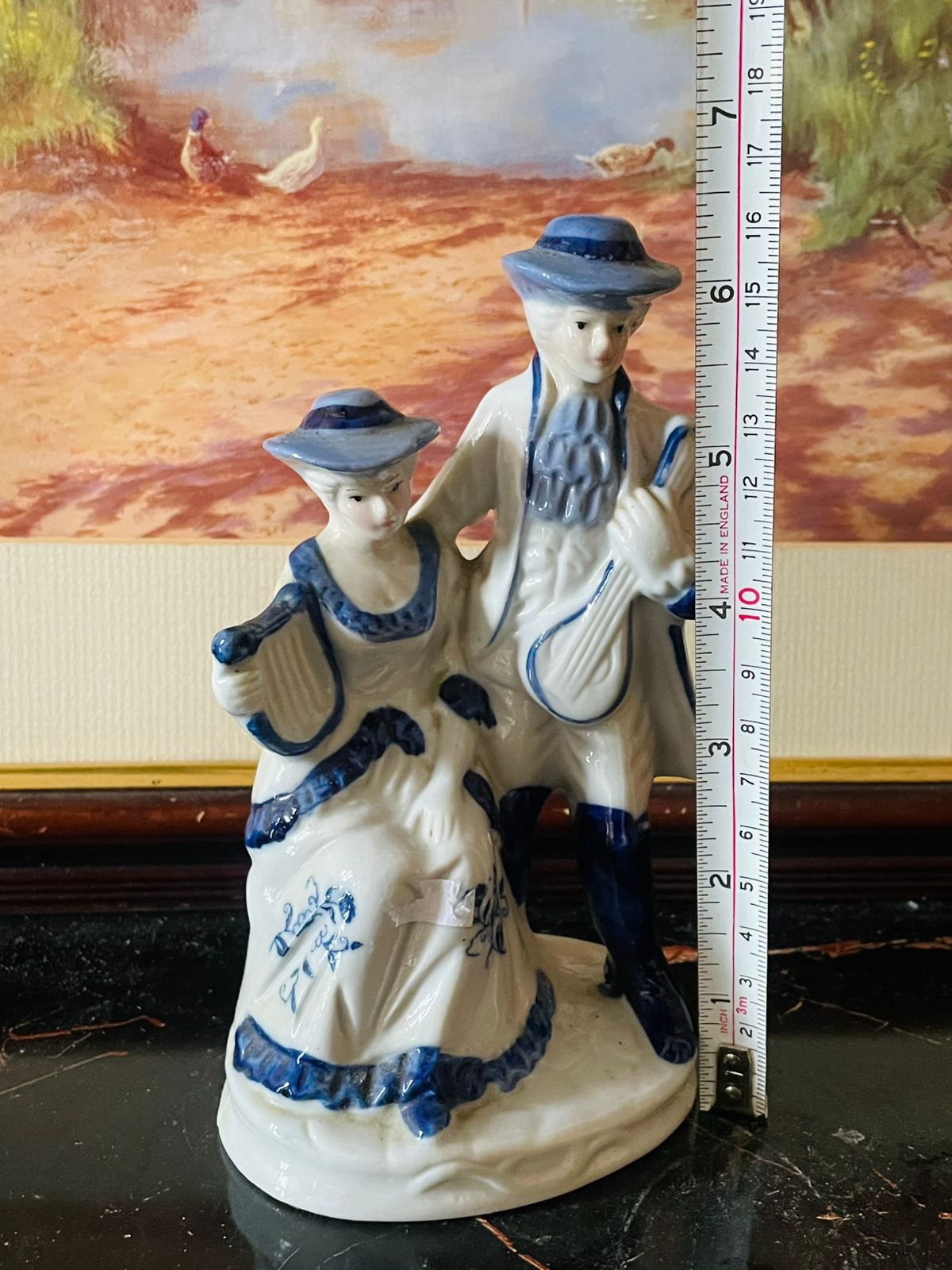 Victorian Porcelain Couple Figurine Holding Musical Instruments (England) Blue Pottery Home Decor