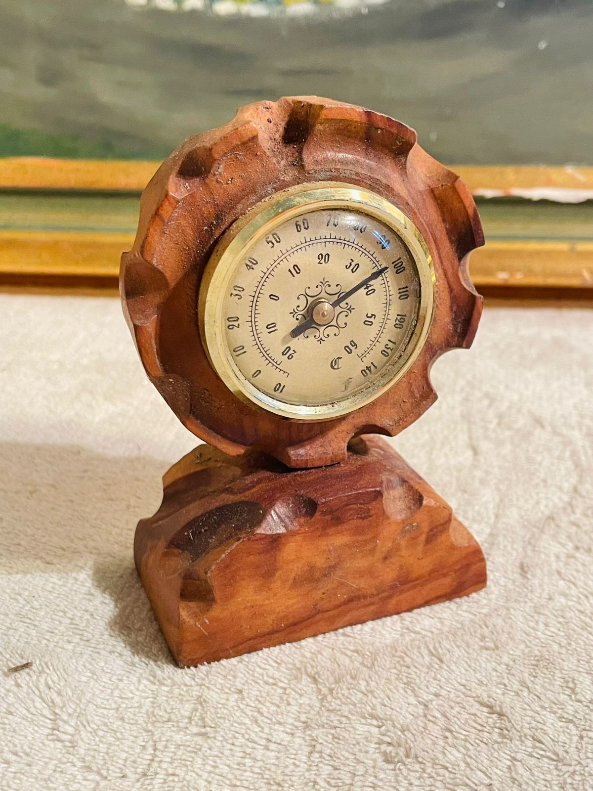 Vintage Desktop Thermometer – Hand Carved Wood from Menorca