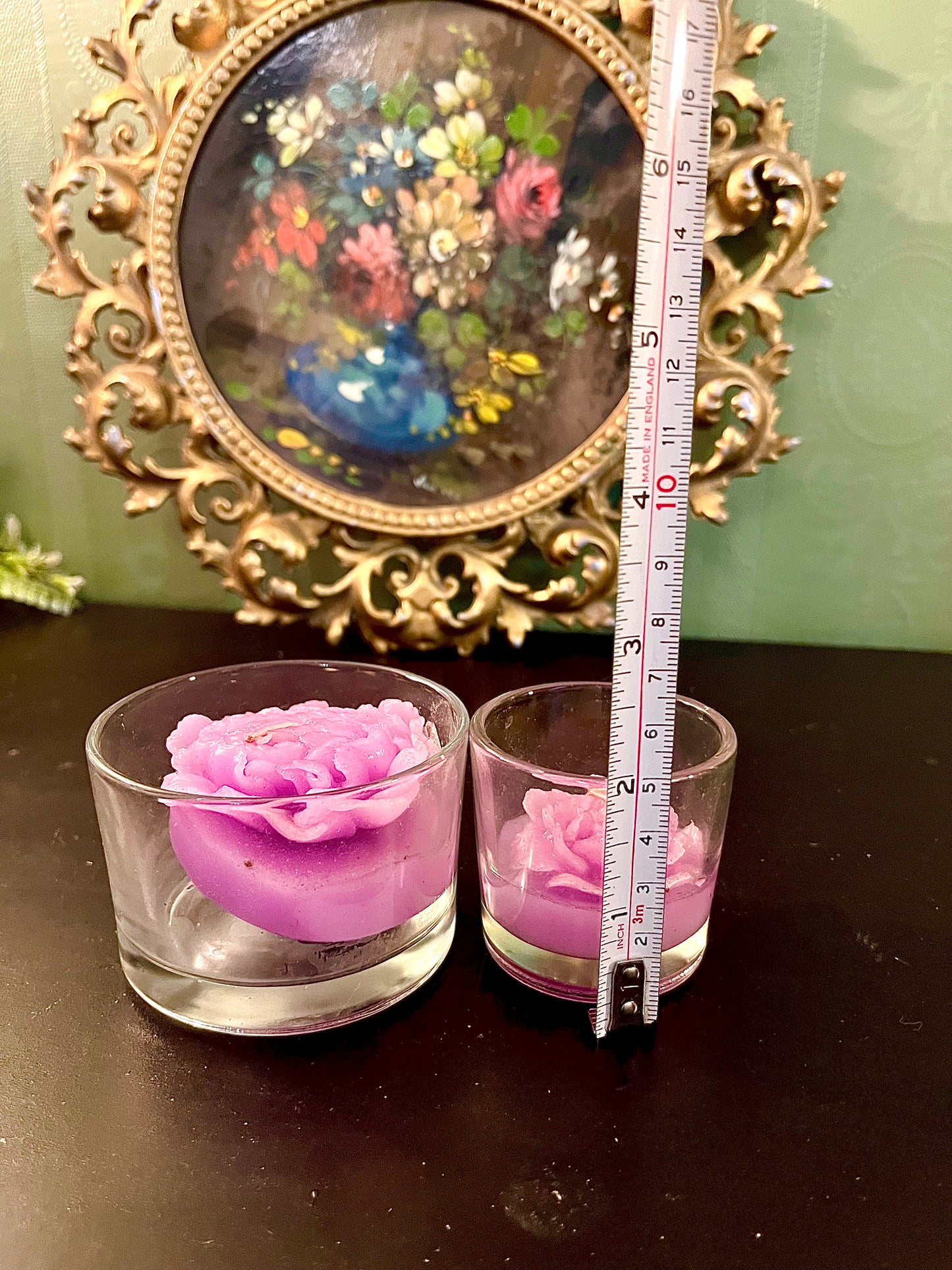 Set of 2 Pink Rose Glass Candle Holders with Floral Wax Candles