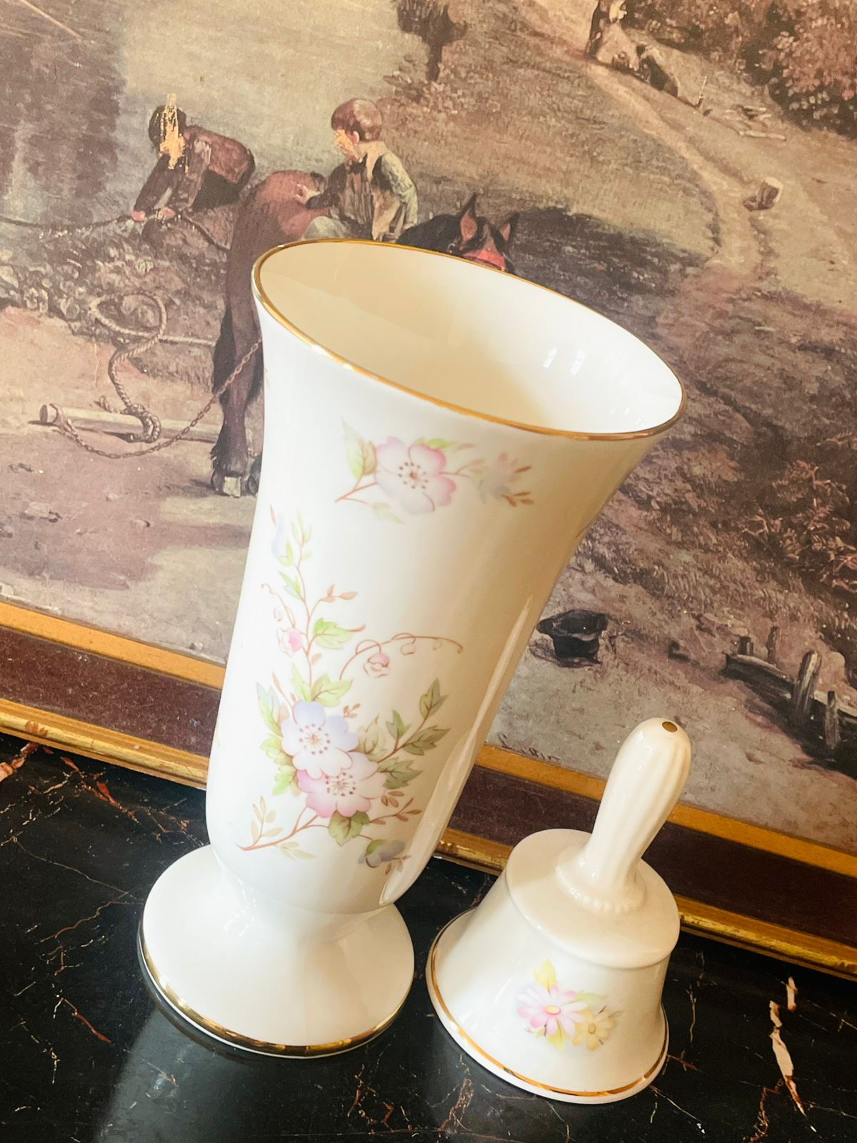 Vintage English Porcelain Vase & Bell Set – Floral Gold-Rimmed “Happy Anniversary” Collection