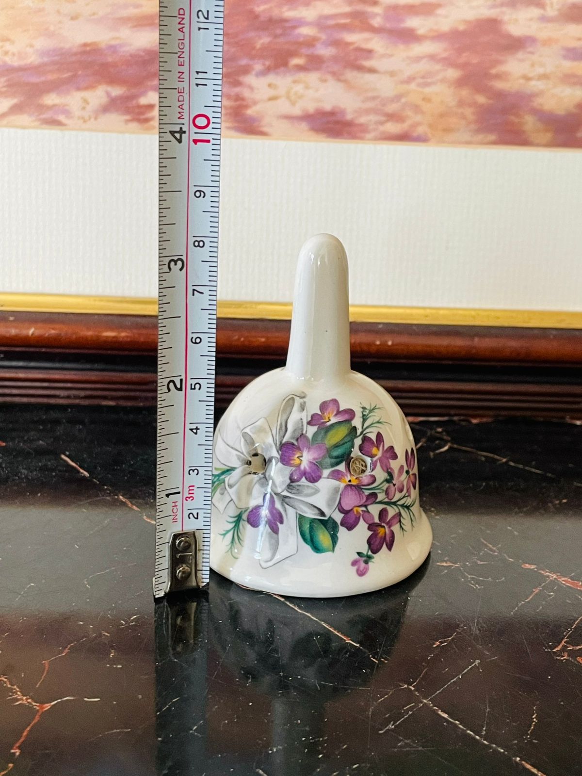 Vintage Ceramic Handbell – White with Purple Floral & Bow Design (England)