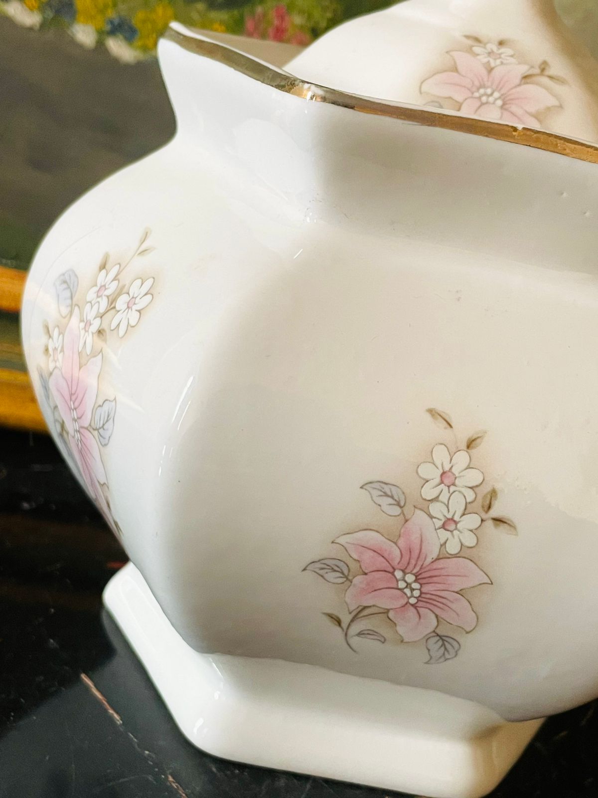 Vintage English Fine Bone China Candy Jar / Pot – Pink Lily Floral with Gold Trim