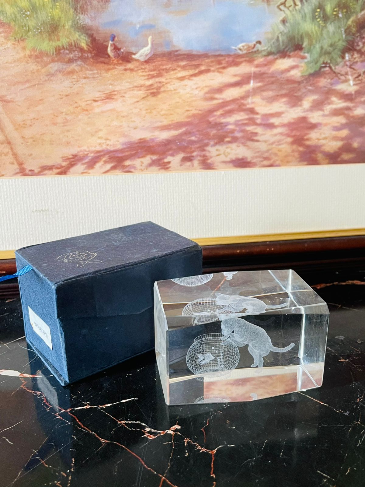 3D Crystal Glass – Cat & Fishbowl Design (In Gift Box), paper weight