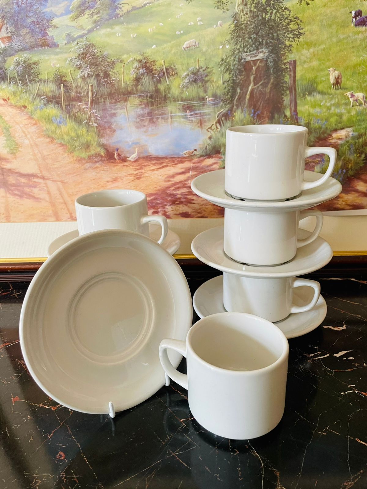 Set of 6 Churchill White Porcelain Tea Cups with Matching Saucers – England