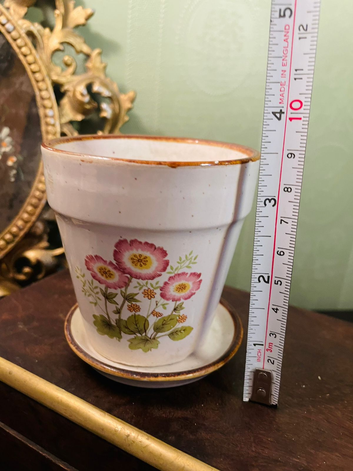 Vintage Floral Ceramic Planter with Saucer Cottage Garden Pot