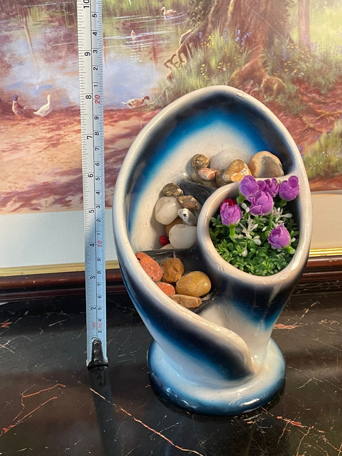 Ceramic Wave-Shape Planter with Decorative Stones & Artificial Flowers – England