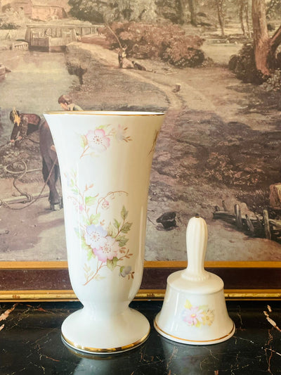 Vintage English Porcelain Vase & Bell Set β Floral Gold-Rimmed βHappy Anniversaryβ Collection