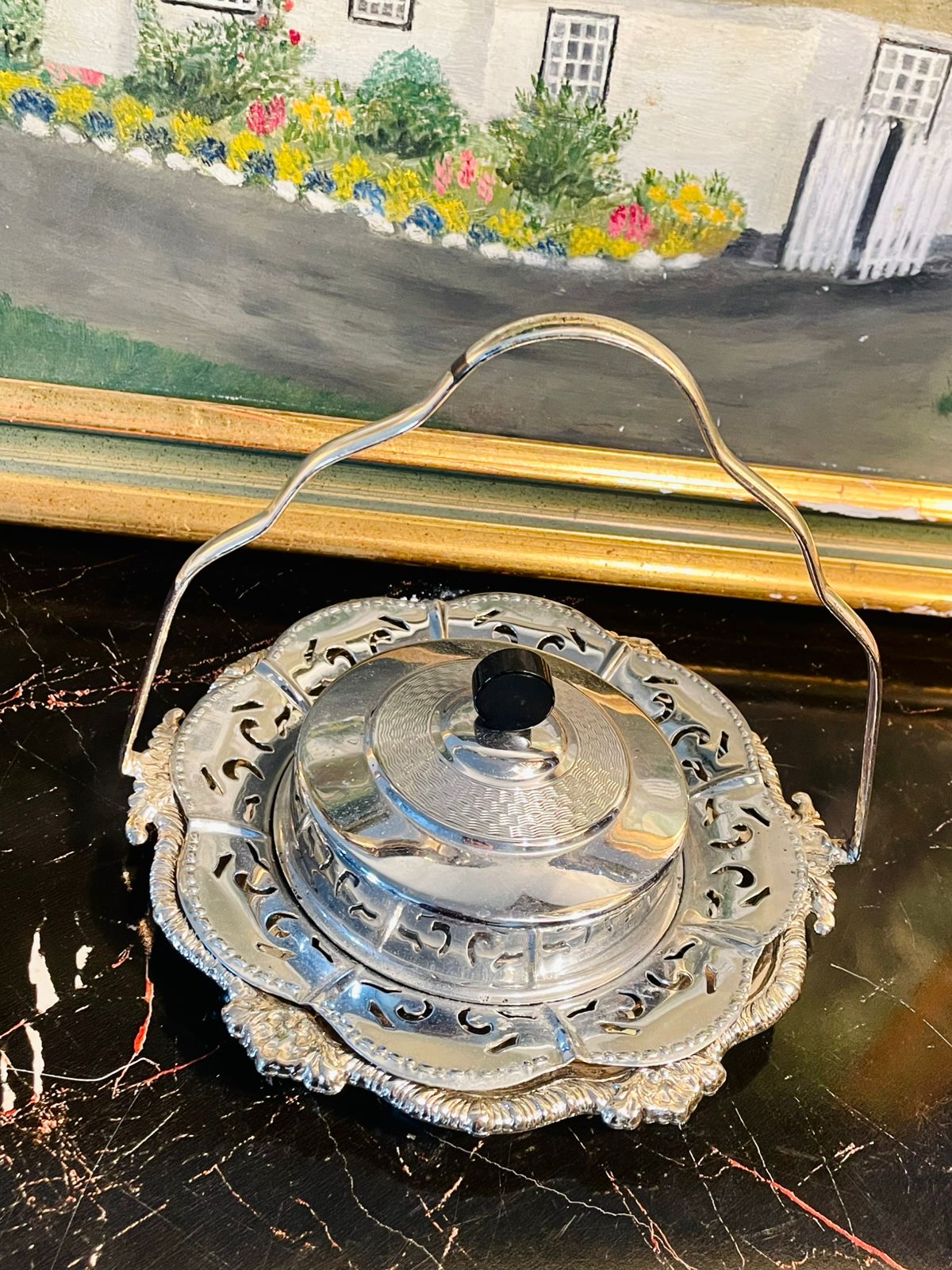 Vintage Silver Plated Covered Serving Dish with Handle – Ornate English Design