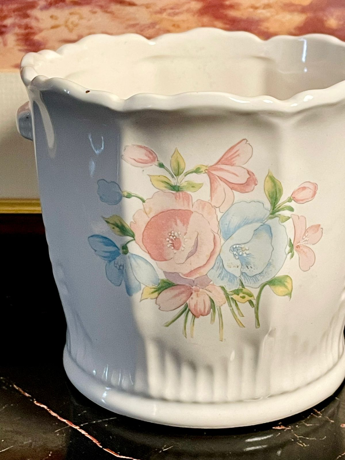 Vintage England Floral Ceramic Planter – White Glazed Pot with Pastel Flowers