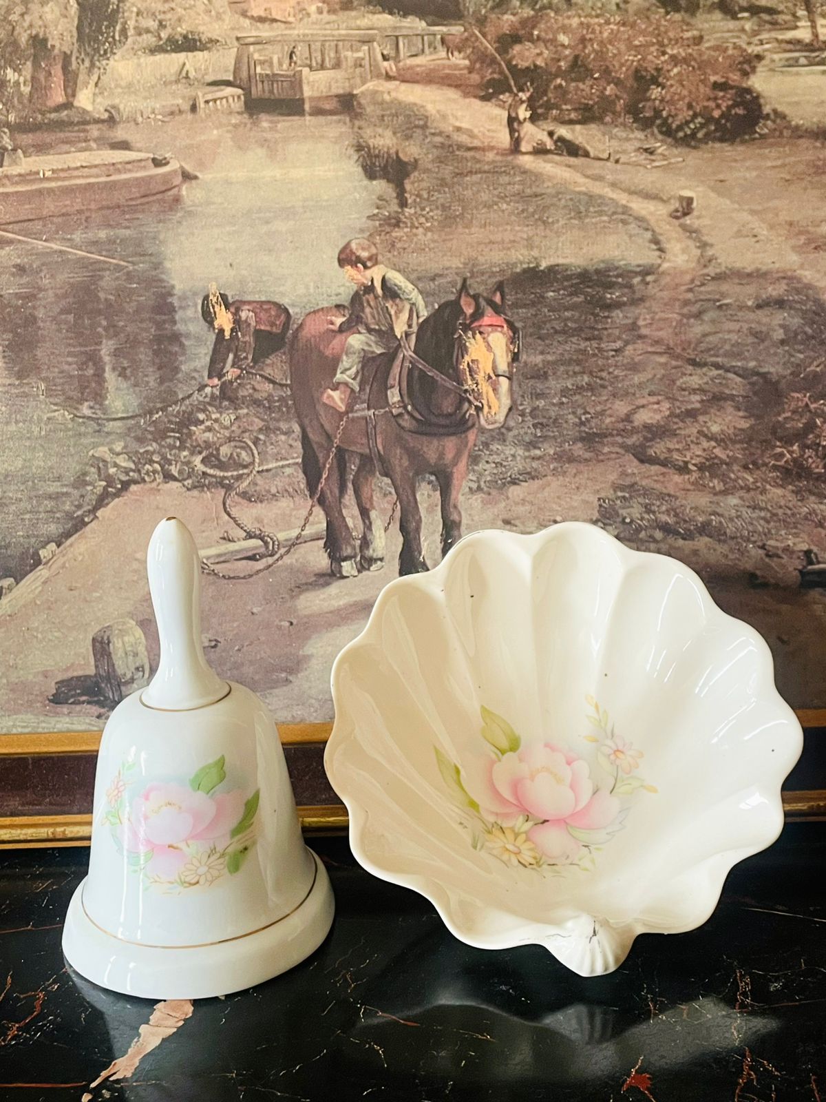 Vintage English Porcelain Bell & Shell Dish Set – Soft Pink Floral Design