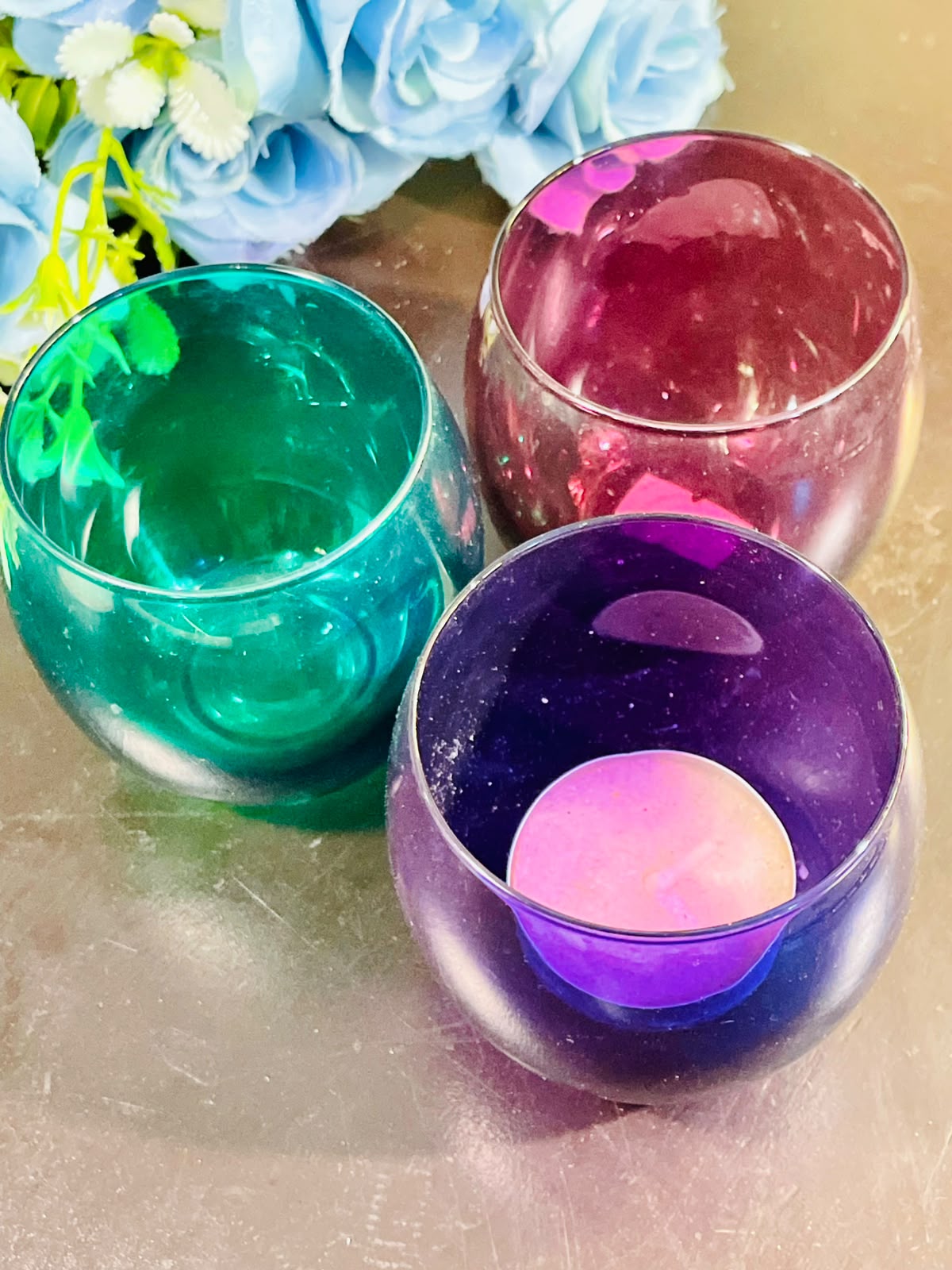 Vintage Coloured Crystal Tealight Candle Holders – Set of 3 (8cm)