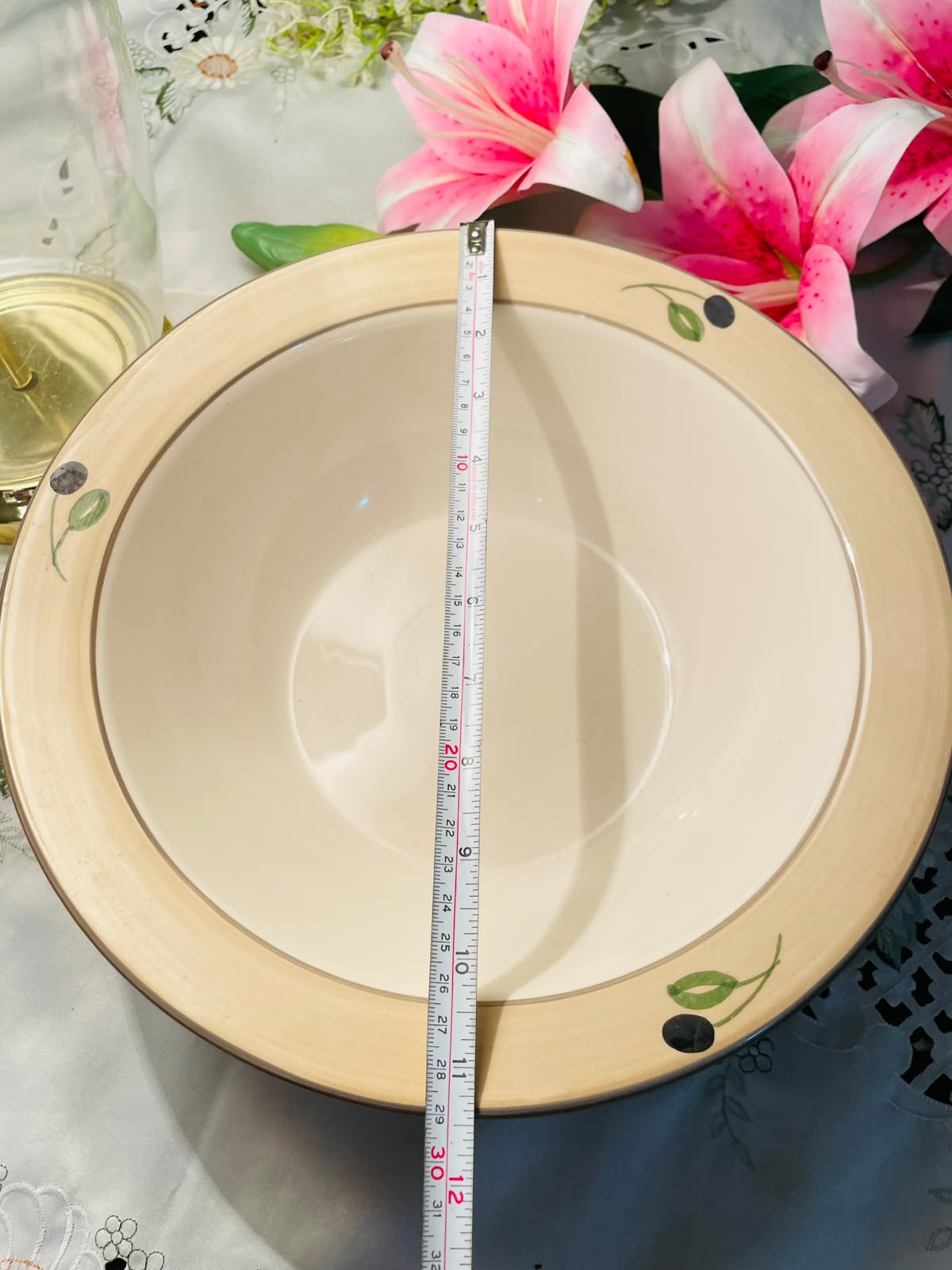 Handpainted Beige Botanical Large Serving Bowl – 12 Inch